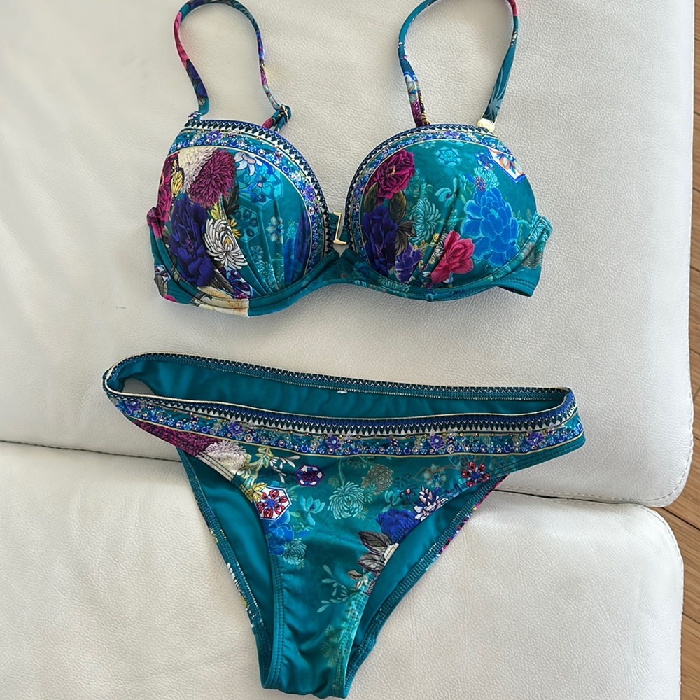 Camilla Teal Floral Embellished 2 pc Bikini Set , top32D bottom XS